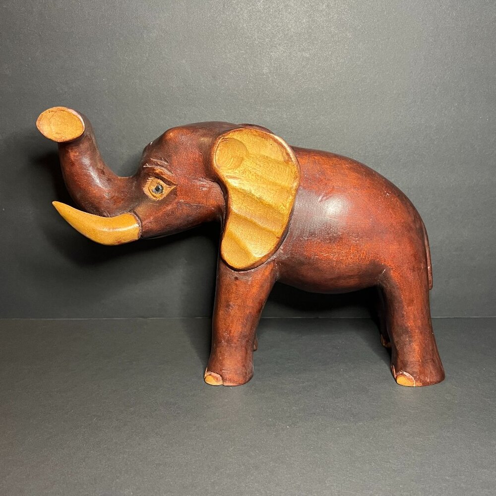 Vintage Large Hand Carved Solid Wood Lucky Elephant w/ Raised Trunk Figure 8.5"